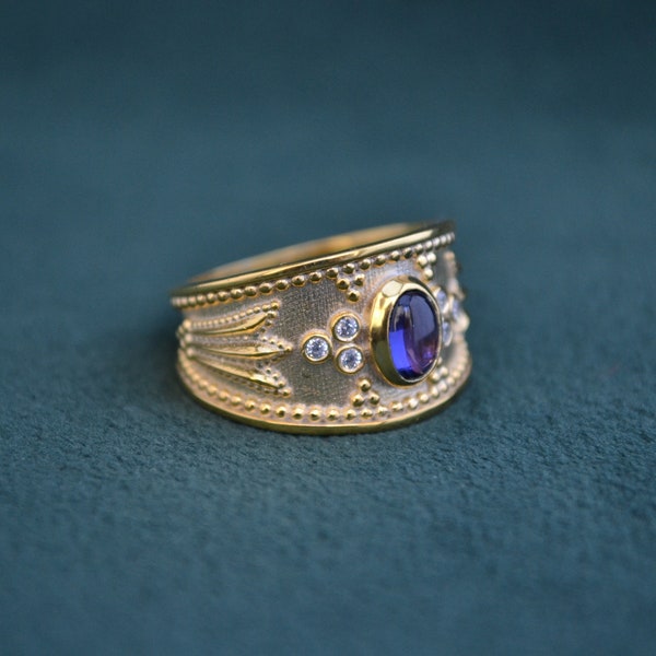 Brilliant 925 Silver Byzantine Ring with Amethyst , 22K Gold-plated Ring with Gemstones, Vintage Ring for Women, Greek Handmade Jewelry