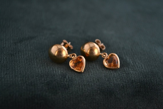 Lovely 18K Gold Earrings with Honey Topaz, 750 Gold Heart-shaped Studs, Heart Earrings, Greek Artisan Studs