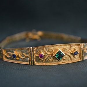 Multistone Byzantine Bracelet, 925 Silver Bracelet with 22K Gold-plating, Medieval Bracelet with Cubic Zirconia, Greek Artisan Jewelry