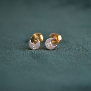 White Gold Half-moon Earrings, 18K Gold Moon Studs, Women's White Gold Earrings, White Gold Moon Studs with Diamonds, Greek Artisan Jewelry