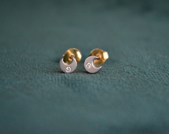 White Gold Half-moon Earrings, 18K Gold Moon Studs, Women's White Gold Earrings, White Gold Moon Studs with Diamonds, Greek Artisan Jewelry