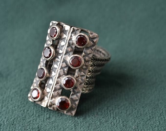 Silver Byzantine Ring with Pink Garnet Gemstones, Sterling Silver Byzantine Ring, Women's Byzantine Ring, Greek Artisan Jewelry
