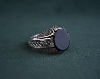 Byzantine Signet Ring with Black Onyx, 925 Silver Ring with Gemstone, Etruscan Ring for Gentlemen, Greek Artisan Ring
