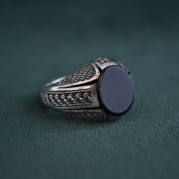 Byzantine Signet Ring with Black Onyx, 925 Silver Ring with Gemstone, Etruscan Ring for Gentlemen, Greek Artisan Ring