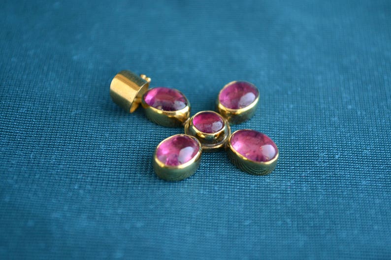 Gold Byzantine Cross with Pink Tourmaline, 18K Gold Cross with Gemstones, Women's Cross Pendant, Etruscan Tourmaline Cross, Greek Jewelry image 1