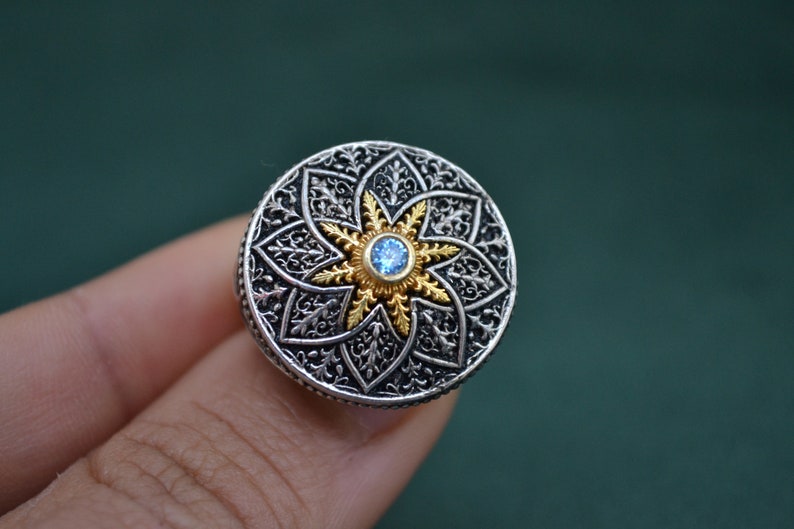 Majestic Roman Ring, 925 Silver Byzantine Ring with Cubic Zirconia Blue Topaz, Medieval Ring with Engraved Patterns, Greek Jewelry image 6