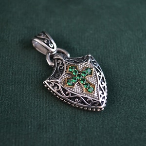 Byzantine Pendant with Emerald CZ Cross, 925 Silver Medieval Pendant, Engraved Shield Pendant, Greek Artisan Pendant