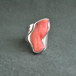 Handmade Sterling Silver Ring with Asymmetric Authentic Coral , Unique Design Ring, Women&#39;s Ring with Coral, Gift for Her