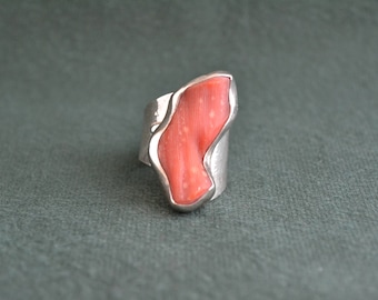 Handmade Sterling Silver Ring with Asymmetric Authentic Coral , Unique Design Ring, Women's Ring with Coral, Gift for Her