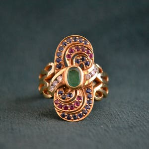 Gold Multistone Byzantine Ring, Etruscan Ring, 18K Gold Ring with Multiple Gemstones, Multi Gemstone Ring, Ruby, Sapphire, Emerald, Diamond