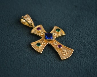 Byzantijnse Etruskische kruishanger, 22K vergulde sterlingzilveren zirkonia, handgemaakte Griekse sieraden