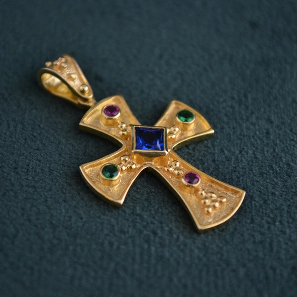 22K Gold-plated Cross Byzantine Pendant, 925 Silver Pendant with Cubic Zirconia, Multistone Medieval Pendant, Greek Handmade Jewelry