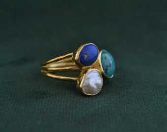 Magnificent Multistone Ring with 3 Gemstones, 925 Silver Ring with Turquoise, Lapis Lazuli and Pearl, Greek Artisan Rings for Women