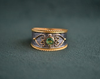 Handmade Byzantine Ring with Emerald, 14K Gold Ring with Gemstone, 585 Gold Etruscan Ring, Gold and Silver Vintage Ring, Greek Jewelry