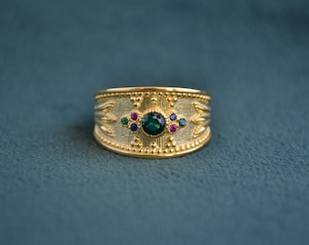 Colorful Byzantine Ring, 22K Gold-Plated Ring with Cubic Zirconia, Multistone 925 Silver Ring, Etruscan Ring, Vintage  Ring, Stones Variety