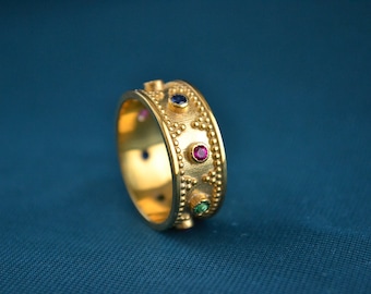Multicolor Byzantine Ring, 22K Gold-Plated Ring with Cubic Zirconia, Multistone Sterling Silver Ring, Etruscan Ring, Vintage Greek Ring