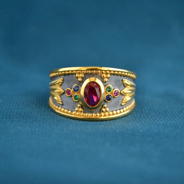 Marvelous Multicolored Ring, 22K Gold-plated Ring with Cubic Zirconia, Sterling Silver Etruscan Ring, Multistone Ring, Greek Artisan Jewelry