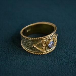 Handmade Byzantine Ring with Cubic Zirconia, 925 Silver Ring with 22K Gold-plating, Gold Etruscan Ring, Medieval Solitaire Ring, Greek Jewel image 4