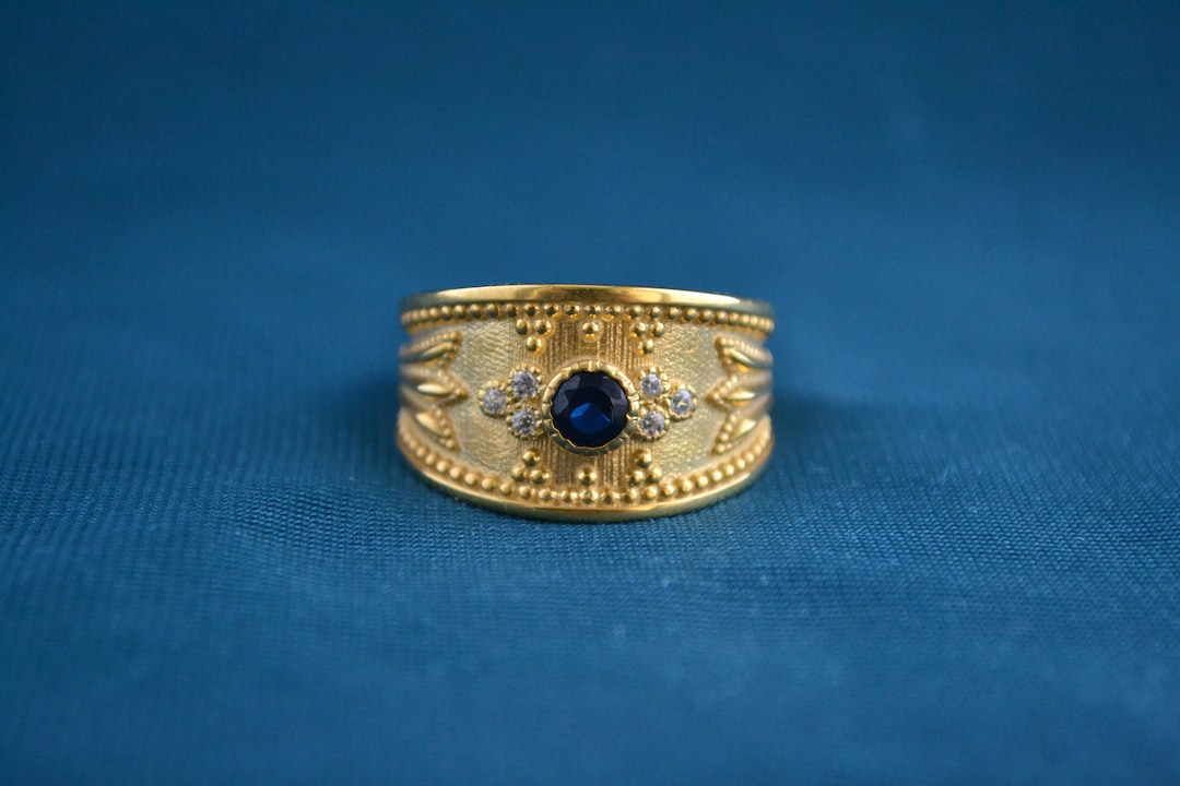 Byzantine Etruscan Ring, 22K Gold-plated 925 Silver With Sapphire Cubic ...