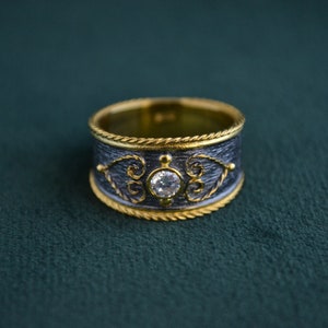 Gold and Silver Etruscan Ring with Cubic Zirconia Diamond, 925 Silver Ring with 22K Gold-plating, Gold Byzantine Ring, Greek Medieval Ring