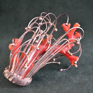 Handcrafted Sterling Silver Brooch with Authentic Coral, Unique Pin with Coral, Silver Pin and Brooch
