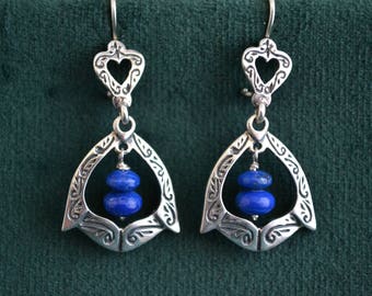 Silver Byzantine Drop Earrings, Sterling Silver Drops with Lapis Lazuli, Engraved Silver Earrings, Women's Silver Drops, Gift for Her