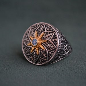 Majestic Roman Ring, 925 Silver Byzantine Ring with Cubic Zirconia Blue Topaz, Medieval Ring with Engraved Patterns, Greek Jewelry image 3