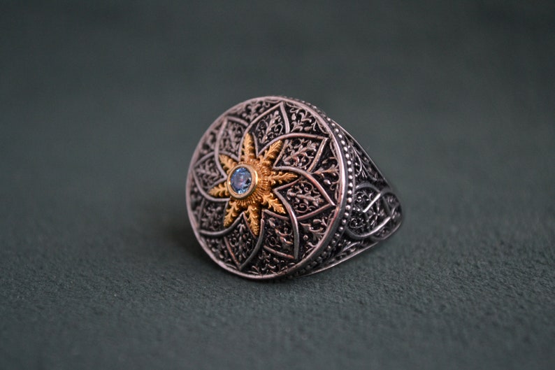 Majestic Roman Ring, 925 Silver Byzantine Ring with Cubic Zirconia Blue Topaz, Medieval Ring with Engraved Patterns, Greek Jewelry image 3