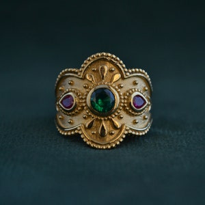 Multistone Byzantine Ring. 925 Silver Byzantine Ring with Gemstones, Etruscan Ring w Cubic Zirconia, Greek Byzantine Jewelry