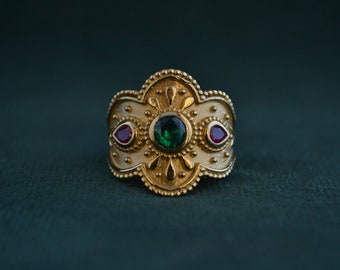 Multistone Byzantine Ring. 925 Silver Byzantine Ring with Gemstones, Etruscan Ring w Cubic Zirconia, Greek Byzantine Jewelry