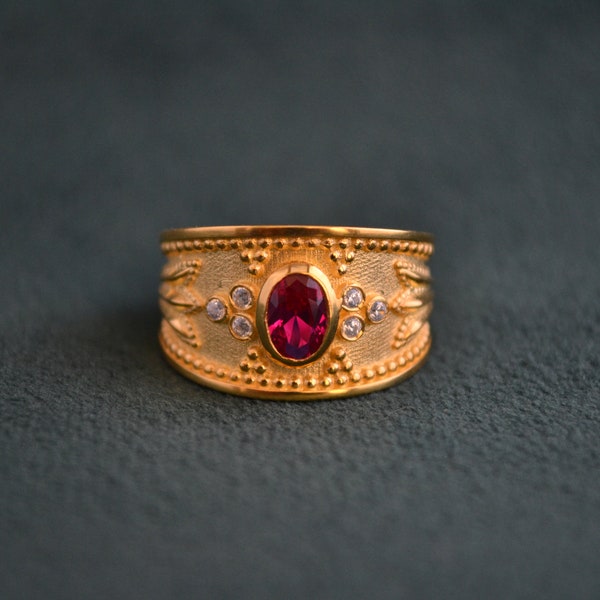 Gold Byzantine Ring, 22K Gold Plated Ring with Ruby Cubic Zirconia, Sterling Silver Ring, Vintage Etruscan Ring, Greek Artisan Jewelry