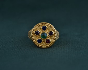 Round-shaped Byzantine Ring, 925 Silver Ring with Colorful Cubic Zirconia, 22K Gold-plated Ring with Cocktail CZ, Greek Handmade Ring