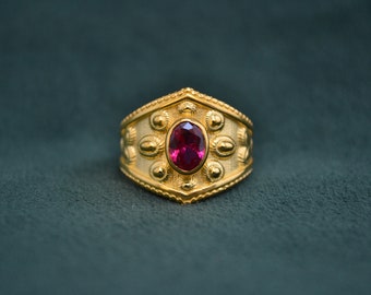 Gold Byzantine Ring, 22K Gold-Plated Ring with Ruby Cubic Zirconia, Sterling Silver Etruscan Ring, Gold Medieval Ring, Greek Artisan Jewelry