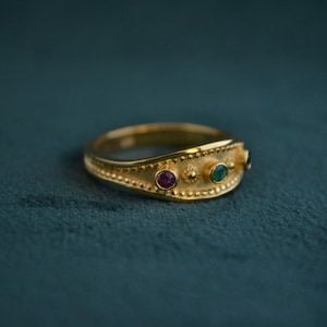 Chic Byzantine Ring, 14K Gold Byzantine Ring with Gemstones, 585 Gold Etruscan Ring, Medieval Ring with Ruby, Sapphire, Emerald, Greek Jewel
