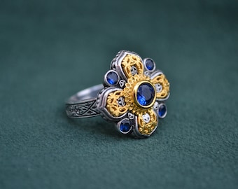 925 Silver Floral Roman Ring, 22K Gold-plated Byzantine Ring with Cubic Zirconia Sapphire, Medieval Ring with Stones, Greek Jewelry