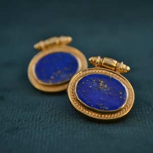 Exquisite 18K Gold Earrings with Lapis Lazuli, Byzantine Inspired Studs with Gemstones, Gold Etruscan Studs, Oval Medieval Studs