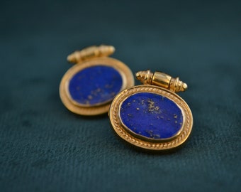 Exquisite 18K Gold Earrings with Lapis Lazuli, Byzantine Inspired Studs with Gemstones, Gold Etruscan Studs, Oval Medieval Studs