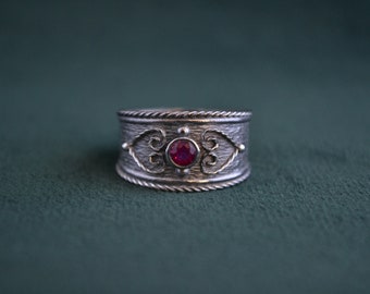 Handmade Sterling Silver Ring, 925 Silver Ring with Ruby Cubic Zirconia, Unique Medieval Ring, Etruscan, Greek Artisan Jewelry, Gift for Her