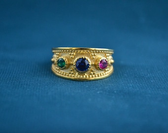 Gold Byzantine Ring, 22K Gold Plated Multistone Ring with Cubic Zirconia, Ruby, Sapphire, Emerald, Vintage Etruscan Ring, Greek Jewelry