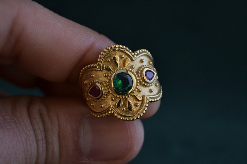 Multistone Byzantine Ring. 925 Silver Byzantine Ring with Gemstones, Etruscan Ring w Cubic Zirconia, Greek Byzantine Jewelry image 5