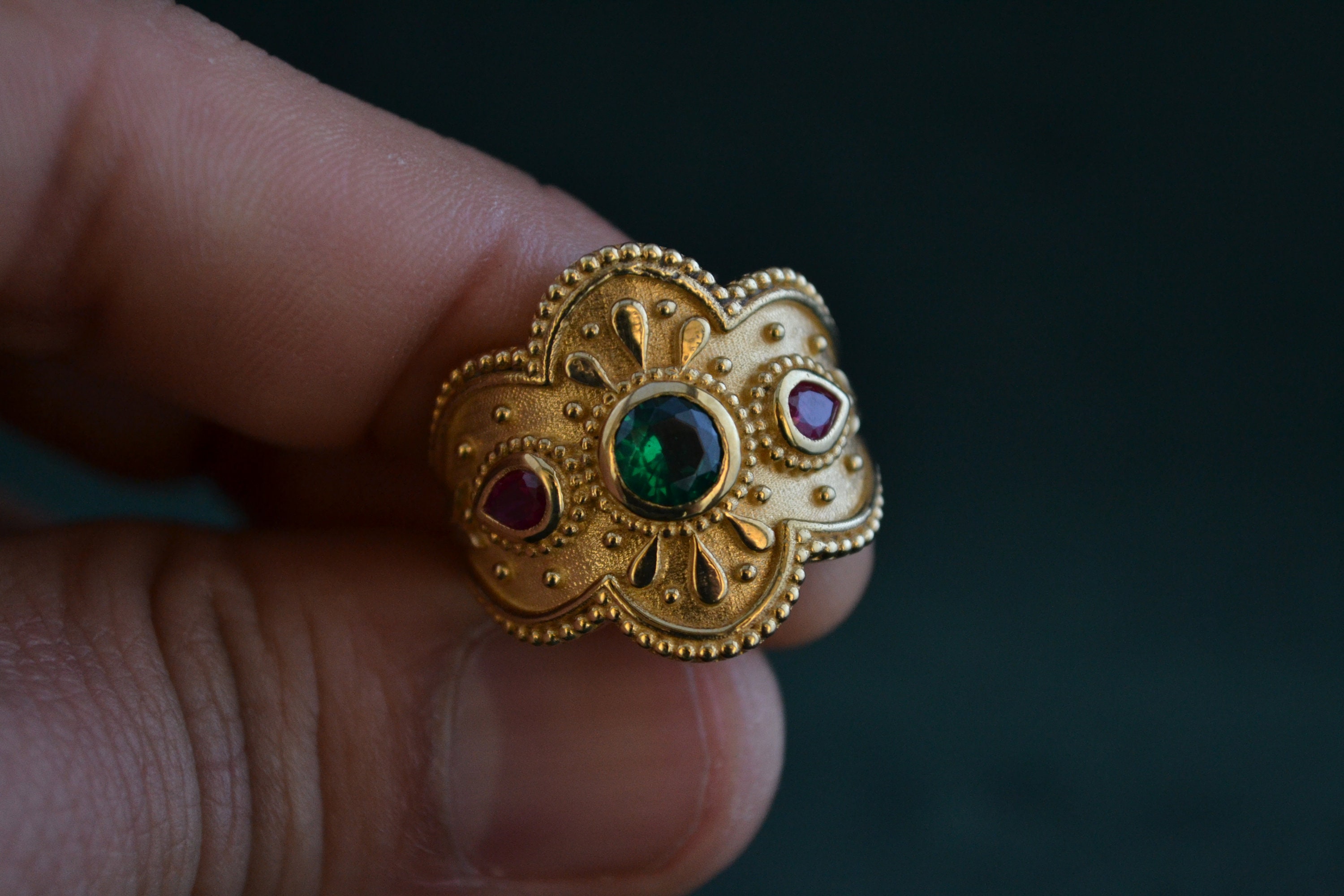 Floral Byzantine Ring, Gold Plated 925 Silver Emerald and Ruby CZ ...