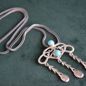 Silver Pendant with Turquoise, Byzantine Antique Pendant, Engraved Sterling Silver Pendant, Women's Silver and Turquoise Pendant, Jewelry
