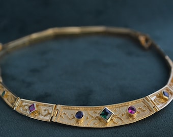 Spectacular Byzantine Necklace, 925 Silver Necklace with Cubic Zirconia, 22K Gold-plated Medieval Necklace