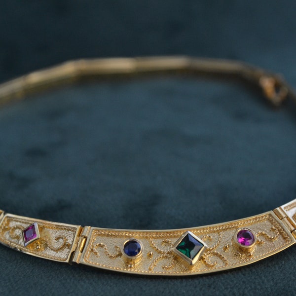 Spectacular Byzantine Necklace, 925 Silver Necklace with Cubic Zirconia, 22K Gold-plated Medieval Necklace