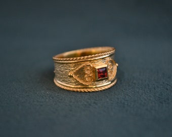 925 Silber Byzantinischer Ring mit quadratischem Stein, 22K vergoldeter Ring mit Cognac Turmalin, Mittelalter Ring, griechischer Handgemachter Schmuck