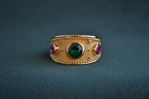 Multistone Byzantine Ring with CZ, 925 Silver Medieval Ring with 22K Gold-plating, Etruscan Ring with Cubic Zirconia, Greek Artisan Jewelry