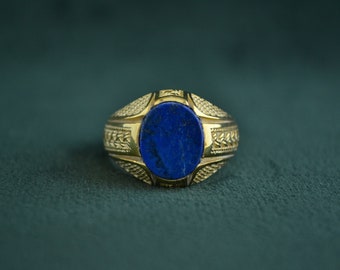 Byzantine Signet Ring with Lapis Lazuli, 925 Silver Etruscan Ring with 22K Gold-plating, Roman Signet Ring with Engraves, Medieval Ring
