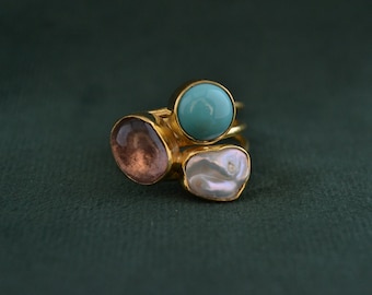 Colorful Multistone Ring with 3 Gemstones, 925 Silver Ring with Turquoise, Tourmaline and Pearl, Greek Handmade Rings for Women