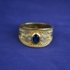 Gorgeous Byzantine Ring, 22K Gold-plated Ring with Sapphire Cubic Zirconia, Sterling Silver Ring, Etruscan Ring, Unique Greek Jewelry, Gift