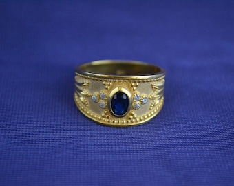 Gorgeous Byzantine Ring, 22K Gold-plated Ring with Sapphire Cubic Zirconia, Sterling Silver Ring, Etruscan Ring, Unique Greek Jewelry, Gift